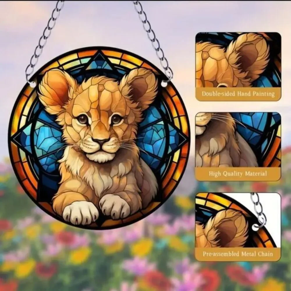 Baby Lion Acrylic Sun-Catcher Pendant with Hanging‎ Chain 5.9 ×5.9 Inches